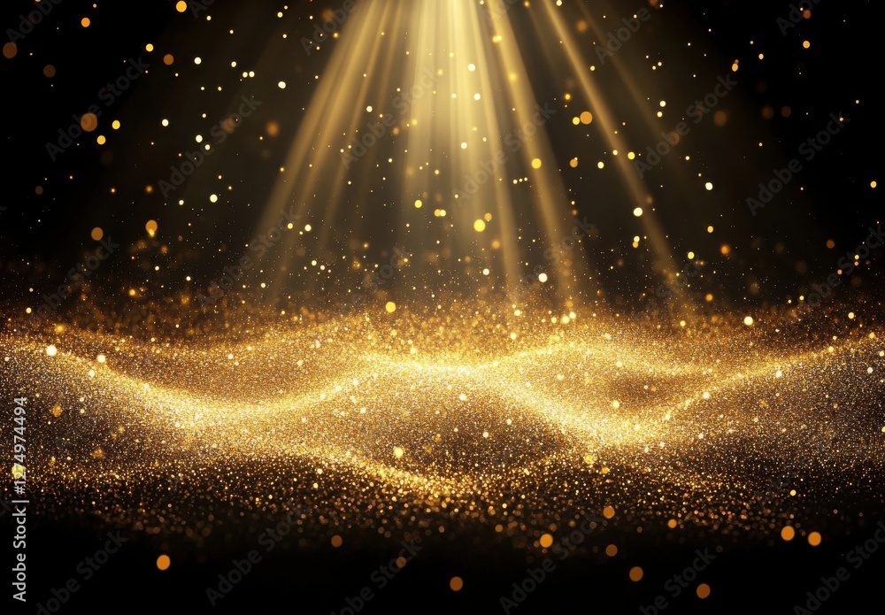 Aufkleber abstract golden light rays illuminate sparkling particles on flowing textured surface with dark back