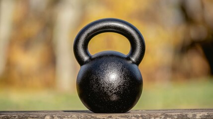 Kettlebell workout session outdoor park fitness content natural environment close-up view strength training and health benefits