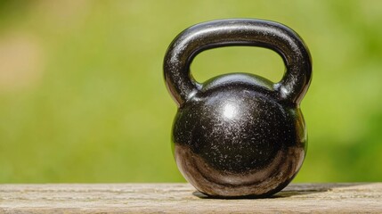 Fototapeta premium Strength training with kettlebell workout outdoor park fitness equipment natural green environment low angle view health and wellness concept