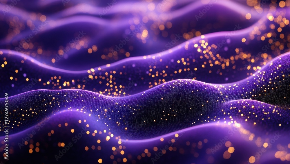 Poster abstract purple waves with sparkling golden particles creating a mesmerizing and dreamy backdrop for