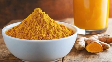 Turmeric powder preparation kitchen food photography rustic environment close-up view health benefits and culinary use