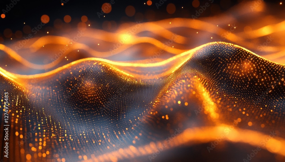 Poster abstract wave pattern with glowing orange particles and smooth curves in a dark background, represen