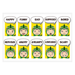 Cartoon illustrations for children displaying various emotional facial expressions.
