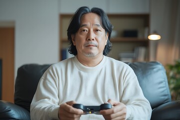 Gaming enthusiast playing video games indoors living room portrait style relaxed atmosphere