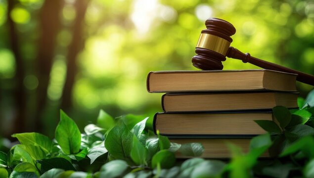 Gavel on books in nature background; legal concept; ideal for stock