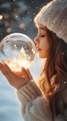 Naklejka premium Young girl in a cozy sweater admiring a snow globe with a glowing tree.