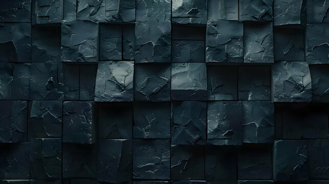 A textured wall composed of dark, angular stone blocks arranged in a grid pattern.