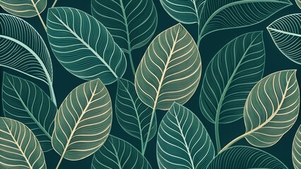 Fototapeta premium Seamless Botanical Pattern with Intricate Line Art Leaves on Dark Background
