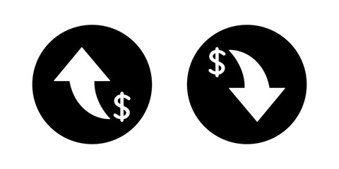 Dollar up and down icon on black circle. USD currency arrow increase and decrease sign symbol