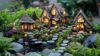 Obraz premium magical fairy garden with tiny houses and glowing lights