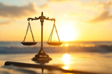 Golden scales of justice at sunset beach