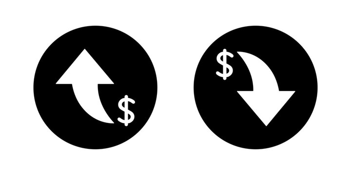 Dollar up and down icon on black circle. USD currency arrow increase and decrease sign symbol