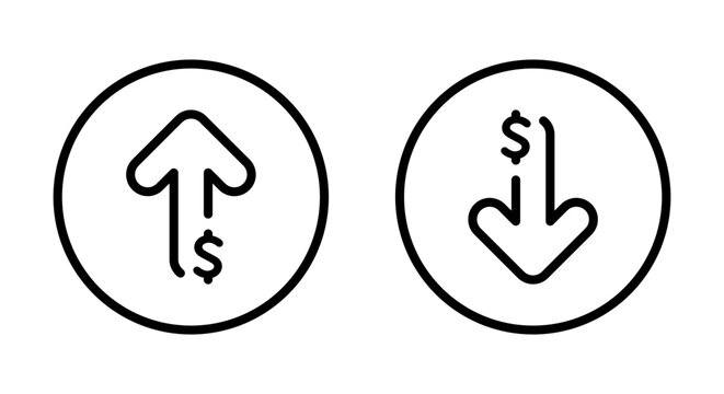 Dollar arrow up and down outline icon on circle line. USD increase and decrease sign symbol