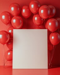 Blank White Canvas Surrounded by Bright Red Balloons Against a Vibrant Red Background for Event Decoration Ideas and Creative Designs