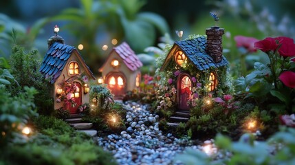 Fototapeta premium magical fairy garden with tiny houses and glowing lights