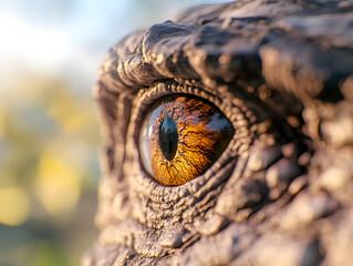 Fototapeta premium close up photorealistic shot of dinosaur eye, showcasing intricate details and vibrant colors. reflection in eye adds depth and intrigue to this captivating image