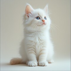 Fluffy White Kitten Looking Up, Studio Shot