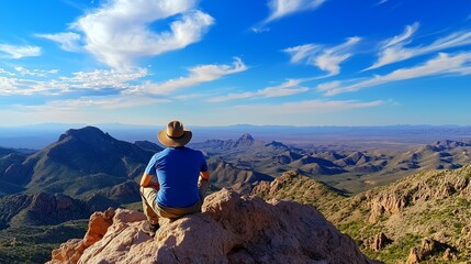 Naklejka premium A person sits on a rocky peak, gazing at a vast landscape under a bright blue sky with scattered clouds.