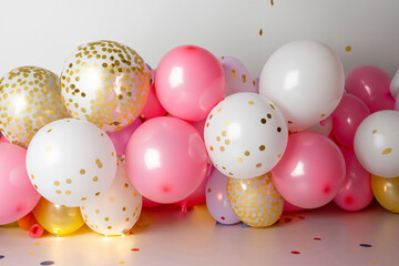 Generated image, set de globos color rosa, blanco y dorado, con ciclorama blanco al fondo, que sirve como fondo digital para fotomontajes o impresiones.