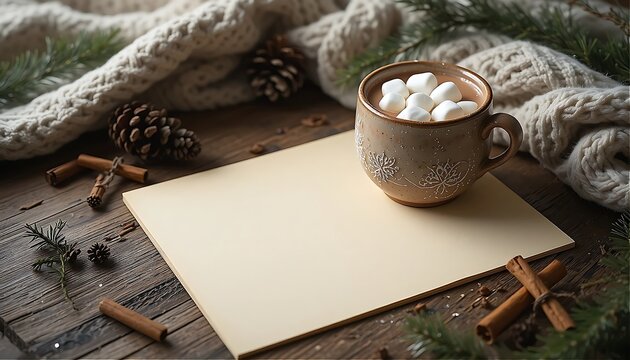 A blank, creamy sheet of thick paper sits atop a rustic wooden table, partially wrapped in a soft, knitted wool blanket. Pinecones, cinnamon sticks, and sprigs of fir frame the composition,