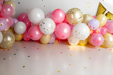 Generated image, set de globos color rosa, blanco y dorado, con ciclorama blanco al fondo, que sirve como fondo digital para fotomontajes o impresiones.