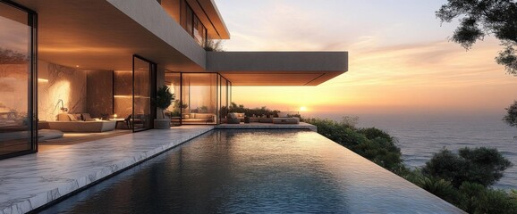 Fototapeta premium Sunset View Modern House With Infinity Pool