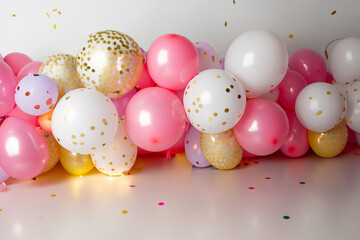 Generated image, set con arco de globos color rosa, blanco y dorado, con ciclorama blanco al fondo, que sirve como fondo digital para fotomontajes o impresiones para fiesta, cumpleaños