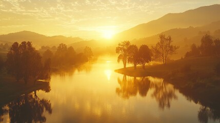 Golden Sunrise Over Serene Lake and Misty Mountains