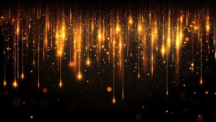 Naklejka premium Captivating Golden Particle Stream on Black Background with Twinkling Lights and Shimmering Effects for Festive and Celebration Themes