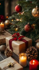 Festive scene with beautifully wrapped gifts and Christmas decorations.