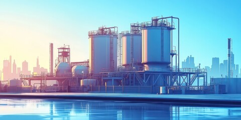 Obraz premium Industrial Sunset: Cityscape Refinery Panorama