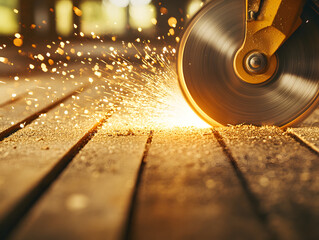 Close up of electric circular saw cutting through wood, creating sparks and sawdust. dynamic action captures power and precision of tool in workshop setting