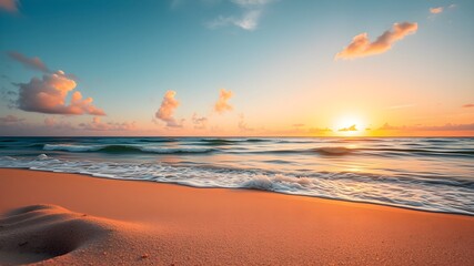 Closeup sea sand beach. Panoramic beach landscape. Inspire tropical beach seascape horizon. Orange and golden sunset sky calmness tranquil relaxing sunlight summer mood. Vacation travel holiday banner