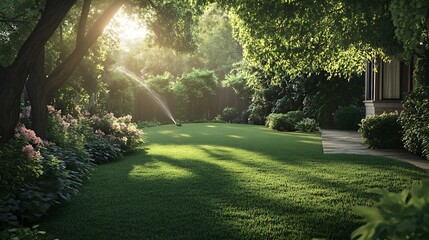Lawn Irrigation with Sprinkler in a Peaceful Green Backyard Garden