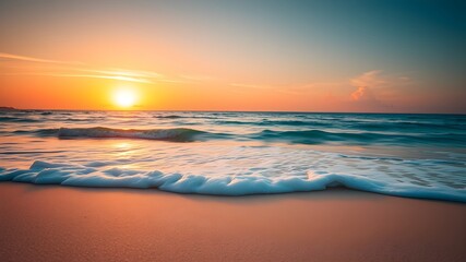 Fototapeta premium Closeup sea sand beach. Panoramic beach landscape. Inspire tropical beach seascape horizon. Orange and golden sunset sky calmness tranquil relaxing sunlight summer mood. Vacation travel holiday banner