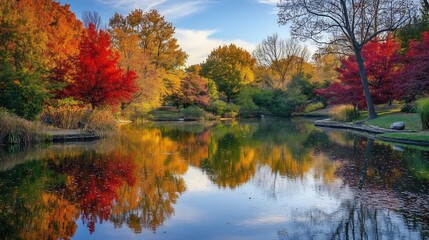 peaceful autumn pond reflecting colorful fall trees