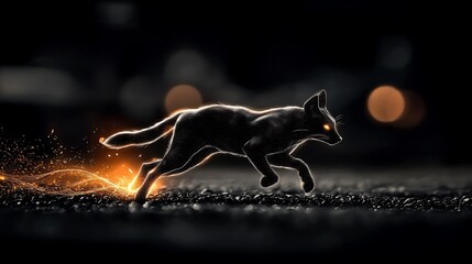 A sleek black cat dashes through a dark street, leaving a trail of glowing sparks behind