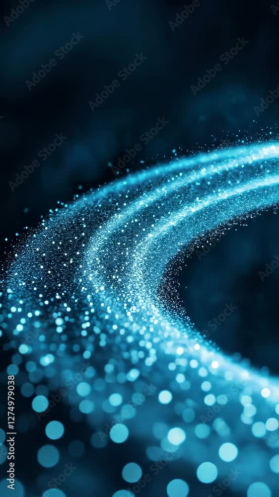 Poster luminous flux of blue particles in digital swirl creating a futuristic abstract background for techn
