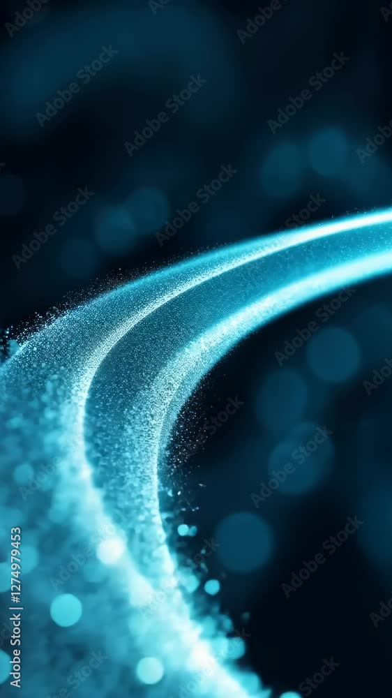 Poster luminous flux of blue particles in digital swirl creating a futuristic abstract background for techn