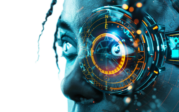 Glowing Cyborg Portrait on transparent background PNG.