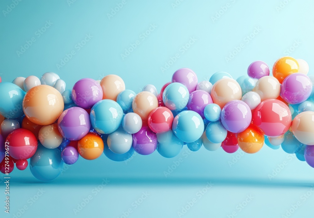 Poster colorful 3d bubbles in a stream against a soft blue background creating a playful and joyful atmosph