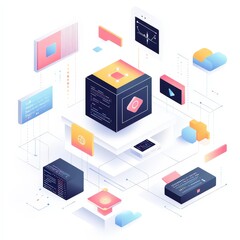 Data cube network system, digital technology, cloud computing, isometric illustration, website banner
