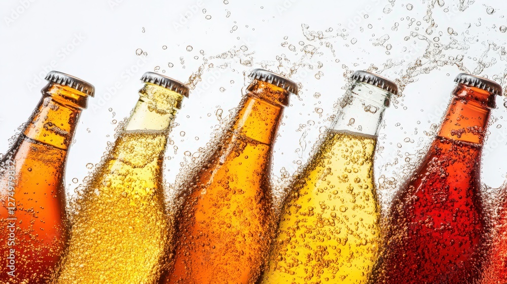Poster colorful assortment of sparkling beverages splashing from bottles against a white backdrop