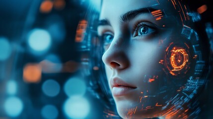 high-tech cyborg portrait with glowing digital effects