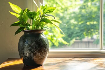 Green Houseplant in Decorative Pot by Sunlit Window with Natural Light and Vibrant Background