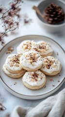 Delicious cookies topped with creamy frosting and sprinkles, beautifully arranged.