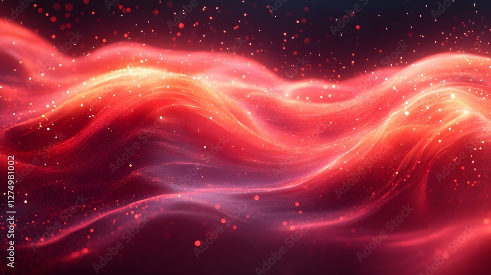 Poster ethereal glow, abstract red waves with sparkling luminous particles