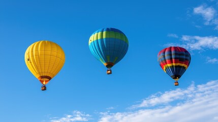 Naklejka premium Three colorful hot air balloons soar against a clear blue sky, creating a vibrant and joyful scene of adventure and freedom.