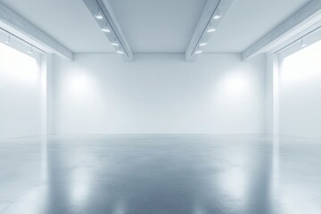 Fototapeta premium Empty gallery, spotlights, concrete floor, white walls, exhibition space