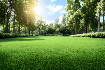 Fototapeta premium Lush green lawn in a park, surrounded by tall trees, bathed in sunlight. Perfect for relaxation and tranquility.